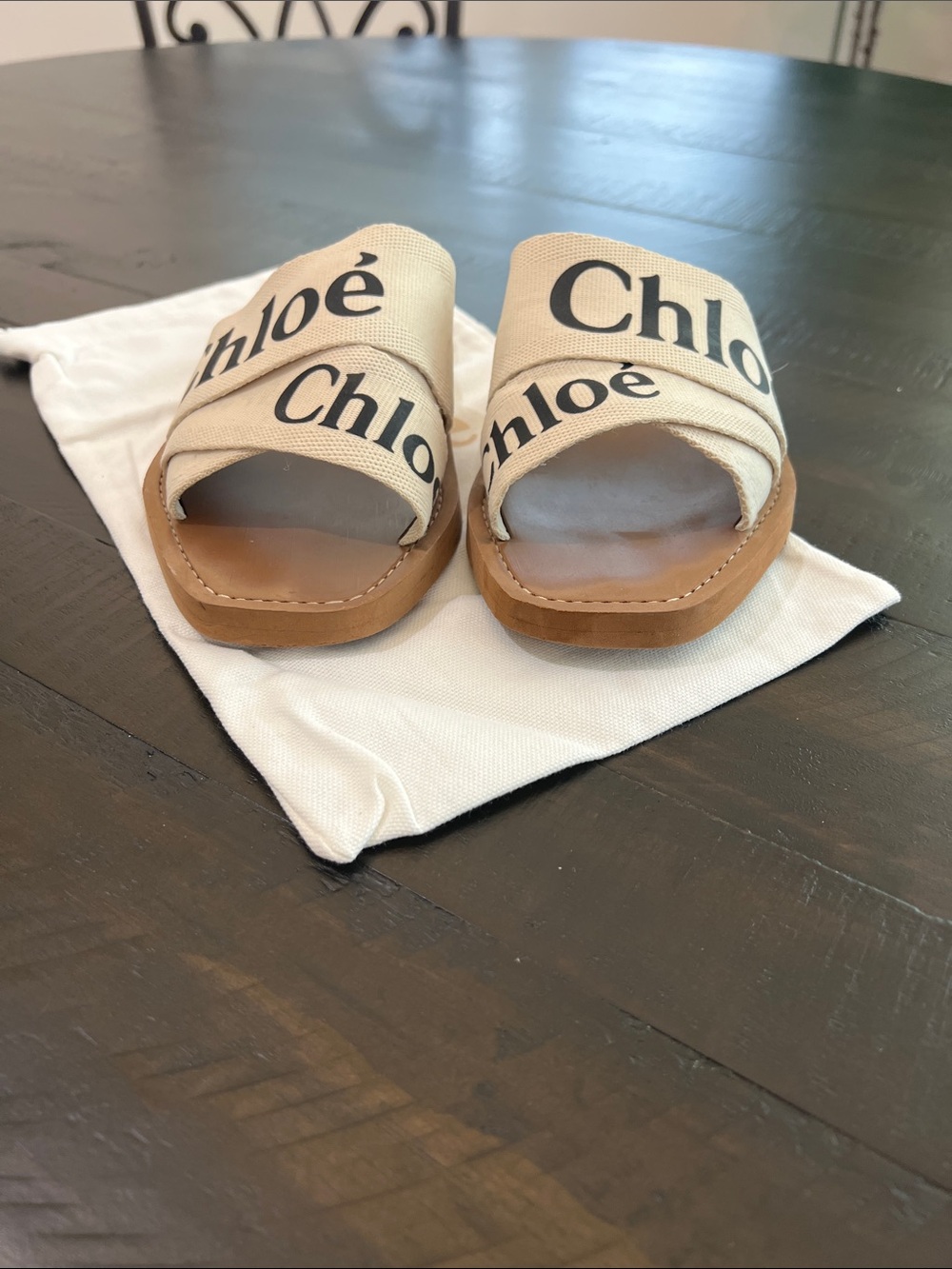 Women’s Leather Slide Sandals in Tan with Logo Canvas Straps - Picture 5 of 6